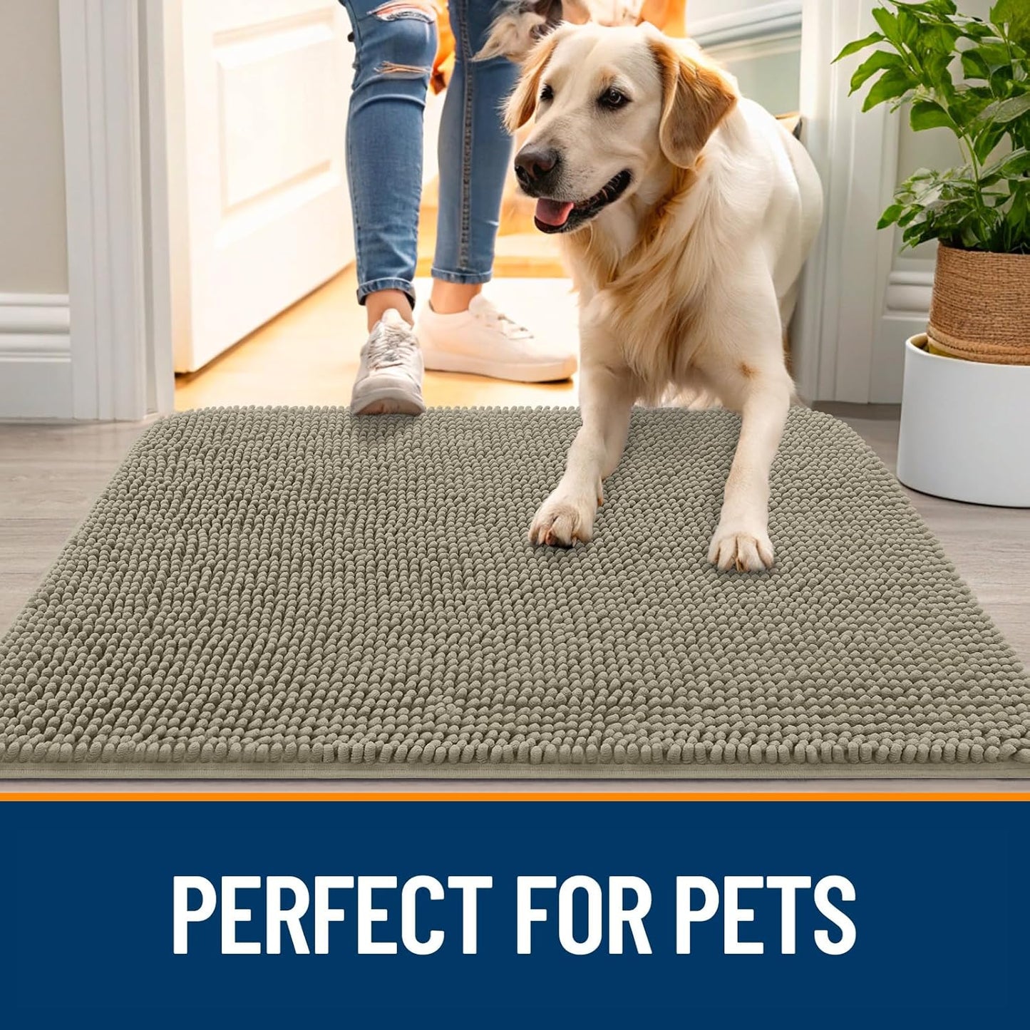 OLANLY Dog Door Mat for Muddy Paws 44x24, Absorbs Moisture and Dirt, Absorbent Non-Slip Washable Doormat, Quick Dry Chenille Mud Mat, Entry Indoor Entryway Carpet for Inside Floor, Warm Taupe