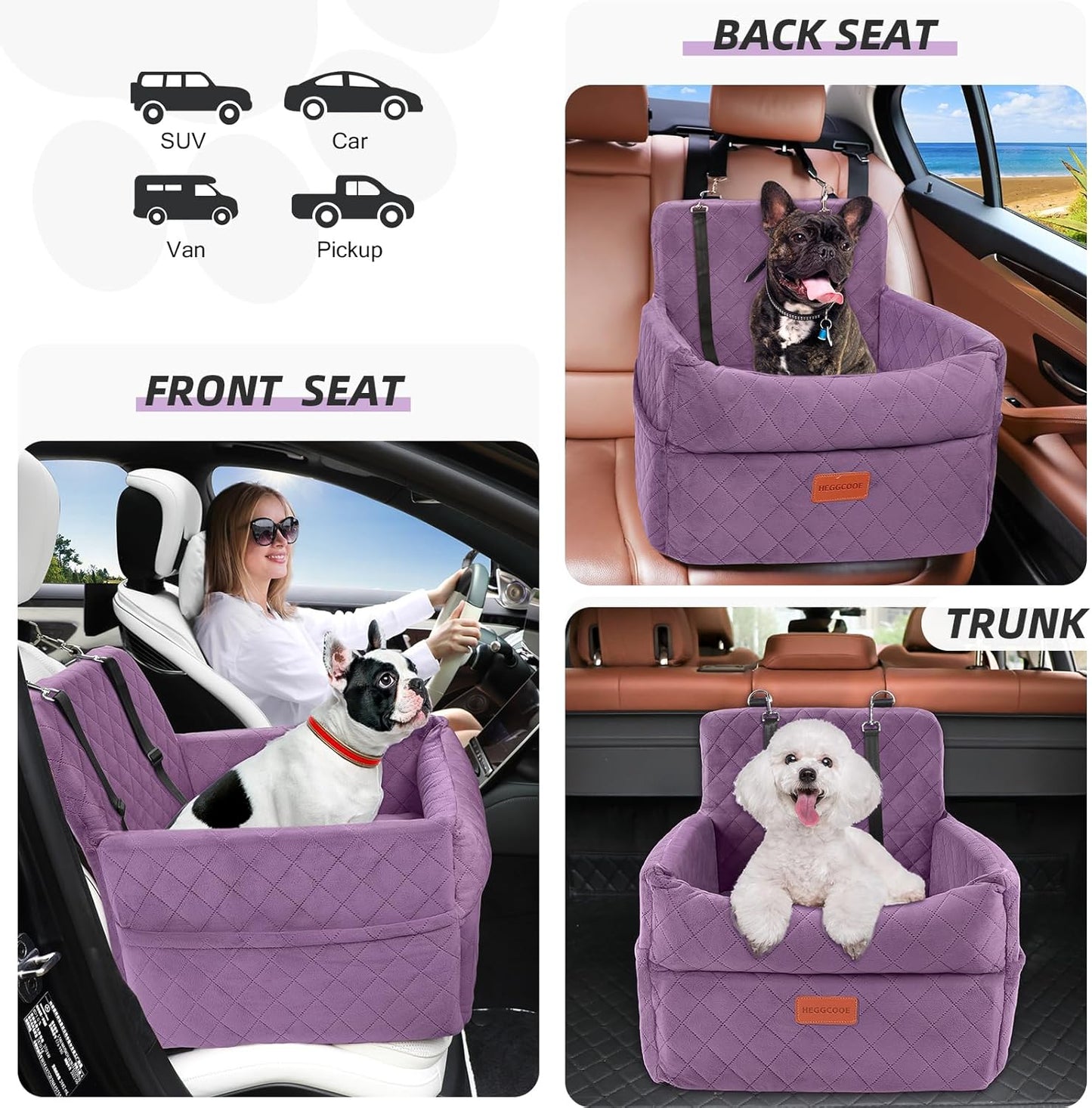 Small Dog Car Seat, Memory Foam Dog Booster Seats with Thick Cushion for Medium Dogs Under 35lbs, Detachable Washable Pet Car Seat Bed with Storage Pockets,2 Safety Belts Purple
