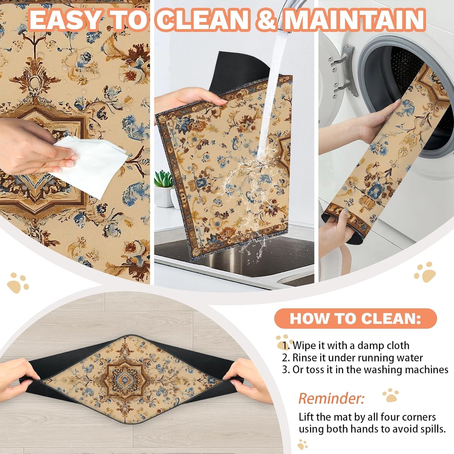 Pet Dog Cat Food Mat, Retro Pattern Pet Feeding Pad, 12 * 20 Inch Absorbent Dog Food Mat, Cat Dish Mat for Food and Water, Suitable for Dog Cat or Other Pets