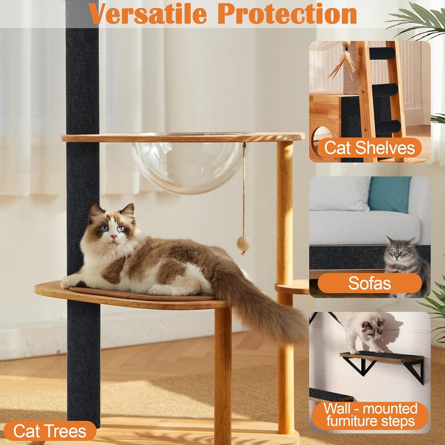 Cat Scratch Furniture Protector - 78.7" x 15.8" Trimmable Self-Adhesive Cats Claws Scratch Pads, DIY Cat Climbing Couch Protector for Scratch Post Cat Tree Replacement Indoor (Black)
