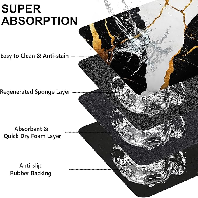Black Gold Marble Dog Cat Food Mat-Absorbent Placemat for Food and Water Bowl, Waterproof Non Slip Rubber Backing Dog Food Mats for Floors, Pet Supplies 12 * 20 inch