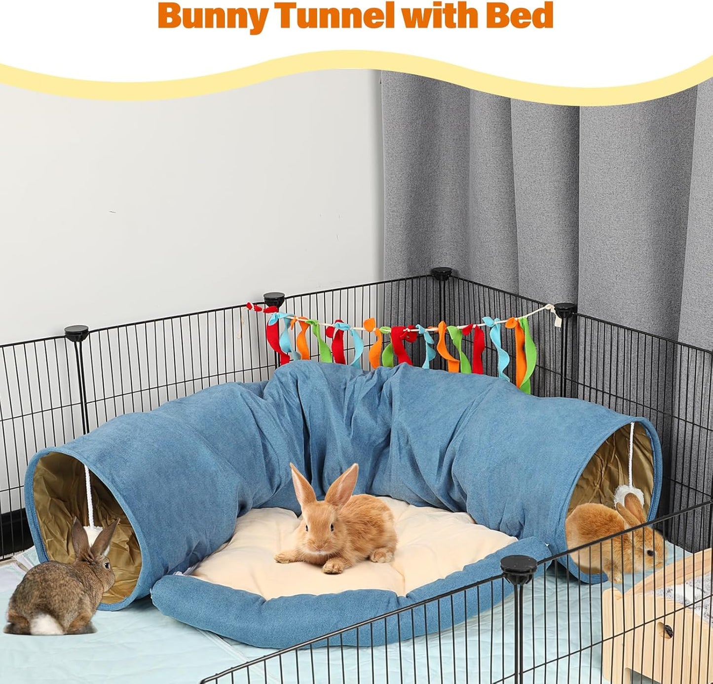 BWOGUE Bunny Tunnel Bed, 2-in-1 Collapsible Tunnel Tubes Toys with Removable Mat Hideout for Cats Kittens Rabbits Guinea Pigs Kitty