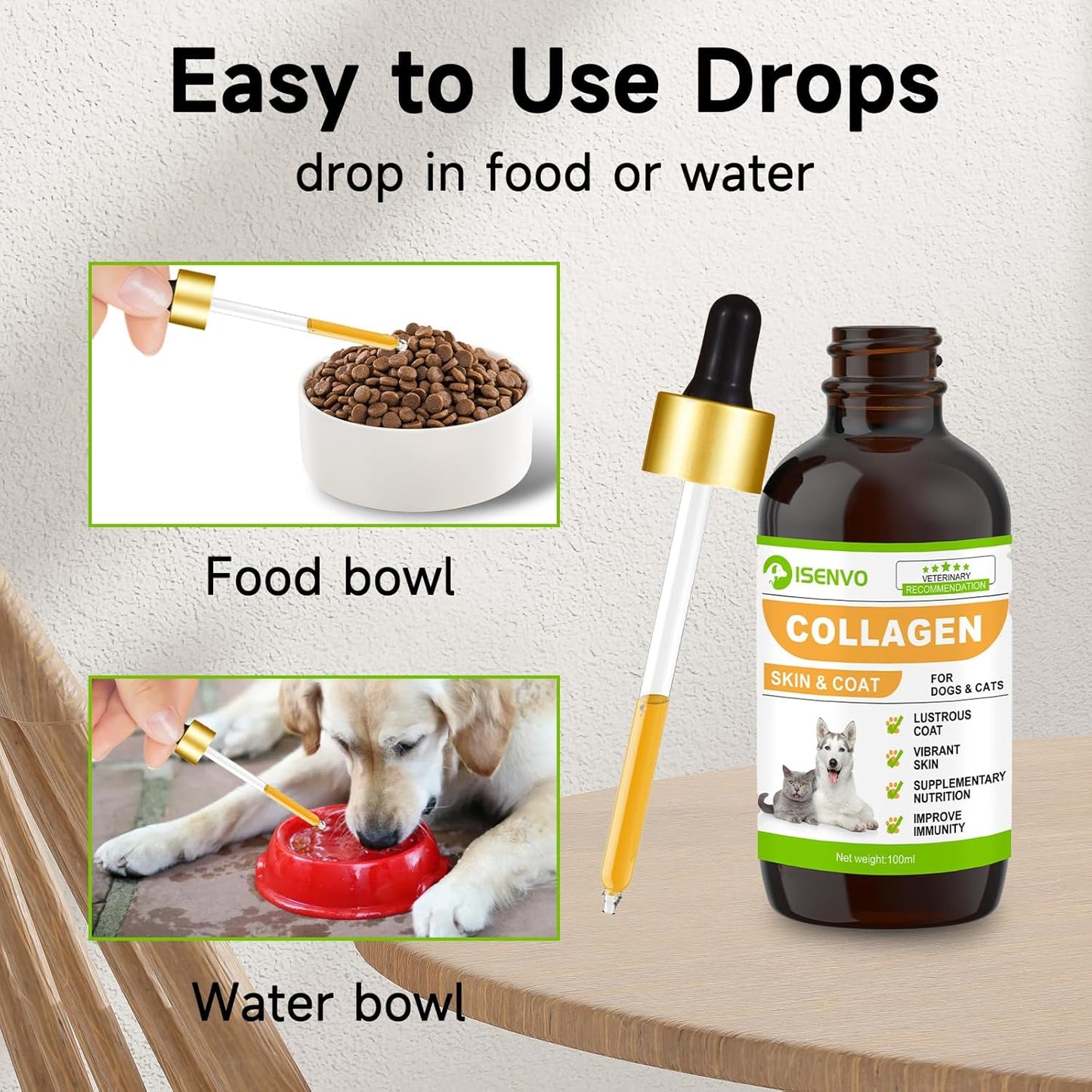 Liquid Collagen for Dogs and Cats, ISENVO Dog Collagen Drops, Skin & Coat Supplement, Itch Relief, Joint & Mobility Support, FDA Approved, Daily Dog Supplements, 3.38 oz