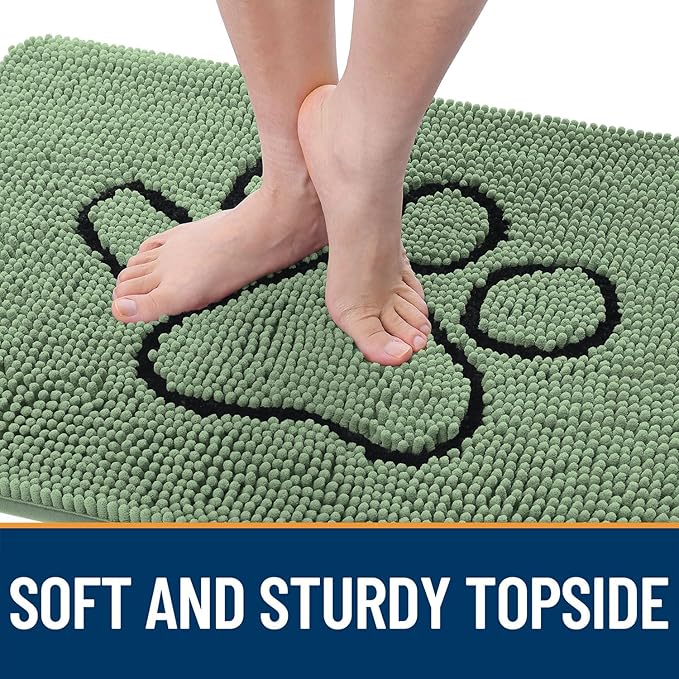 OLANLY Door Mat for Muddy Dog Paws 30x20, Absorbent Chenille Doormat with Paw Print Design, Non-Slip Washable Doormat for Indoor Entryway, Quick-Dry Pet Bed Mats for Dirty Dogs, Olive Green and Black