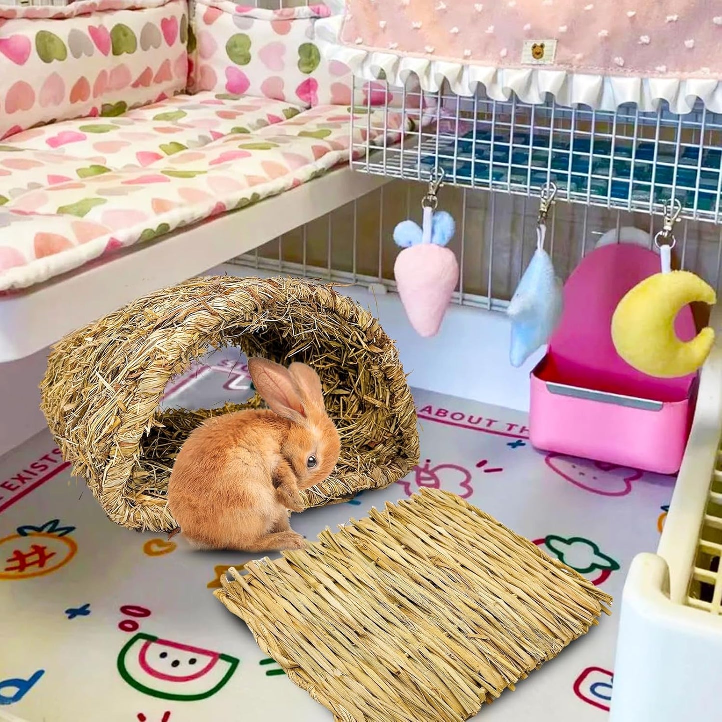 Hamiledyi Bunny Grass Tunnel,Rabbit Grass Bed,Natural Straw Woven Mat Winter Warm Hideaway Hut for Rabbit Gerbil Ferrets Guinea Pig Chinchilla (Small).