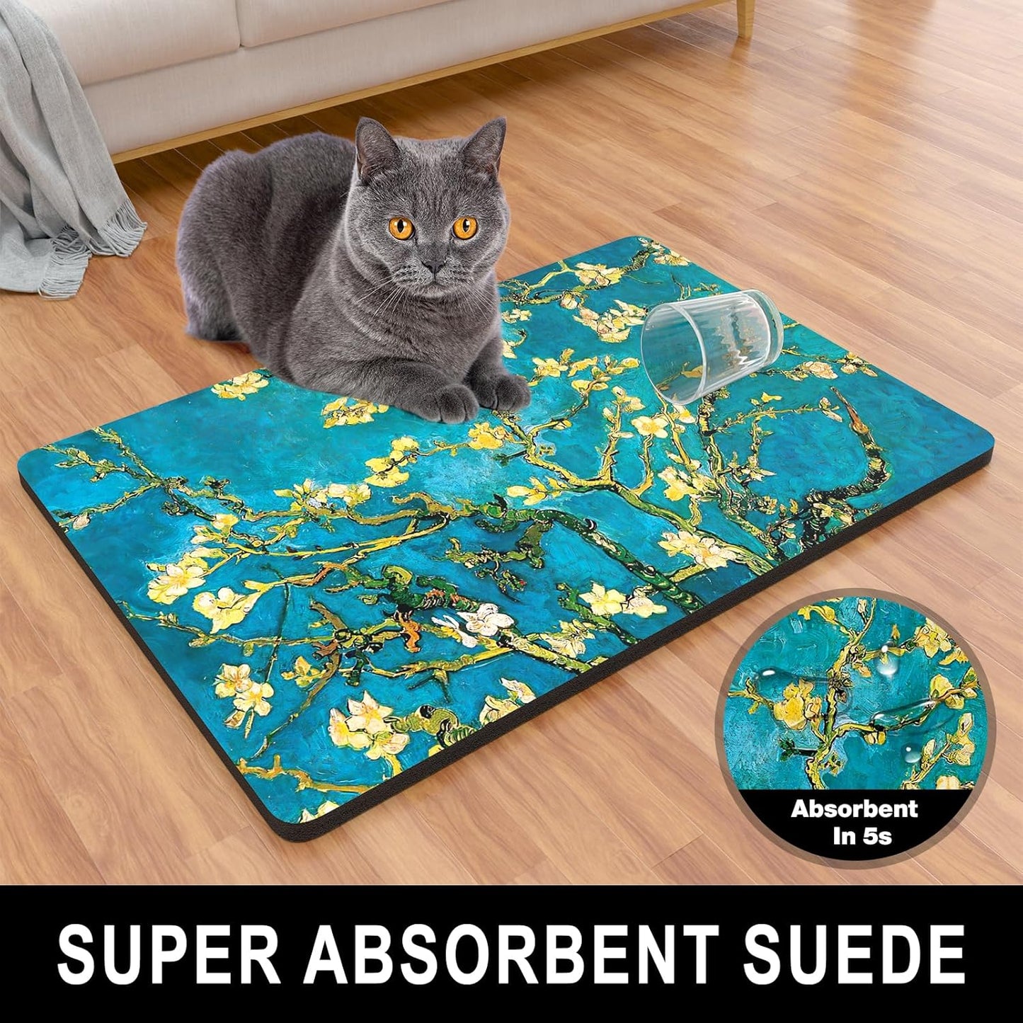 Dog Food Mat, 16" x 24" Flower Absorbent Dog Cat Bowl Mat for Food and Water, Cute Anti-Slip Rubber Pet Feeding Rug Protect Floors, Placemat for Feeding & Watering Supplies, Green