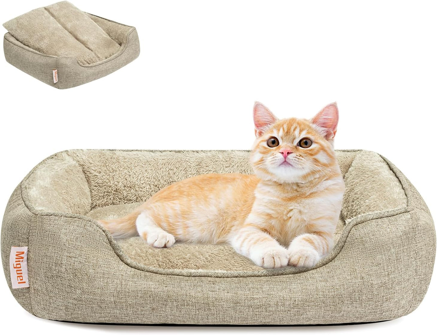 Miguel Washable Faux Linen Cat Beds for Indoor Cats with Removable Cushion Pillow, Easy to Wash Small Dog Bed with Side, Rectangle Kitten Bed Cuddle Puppy Bed with Anti-Slip Bottom, Beige 20 Inch