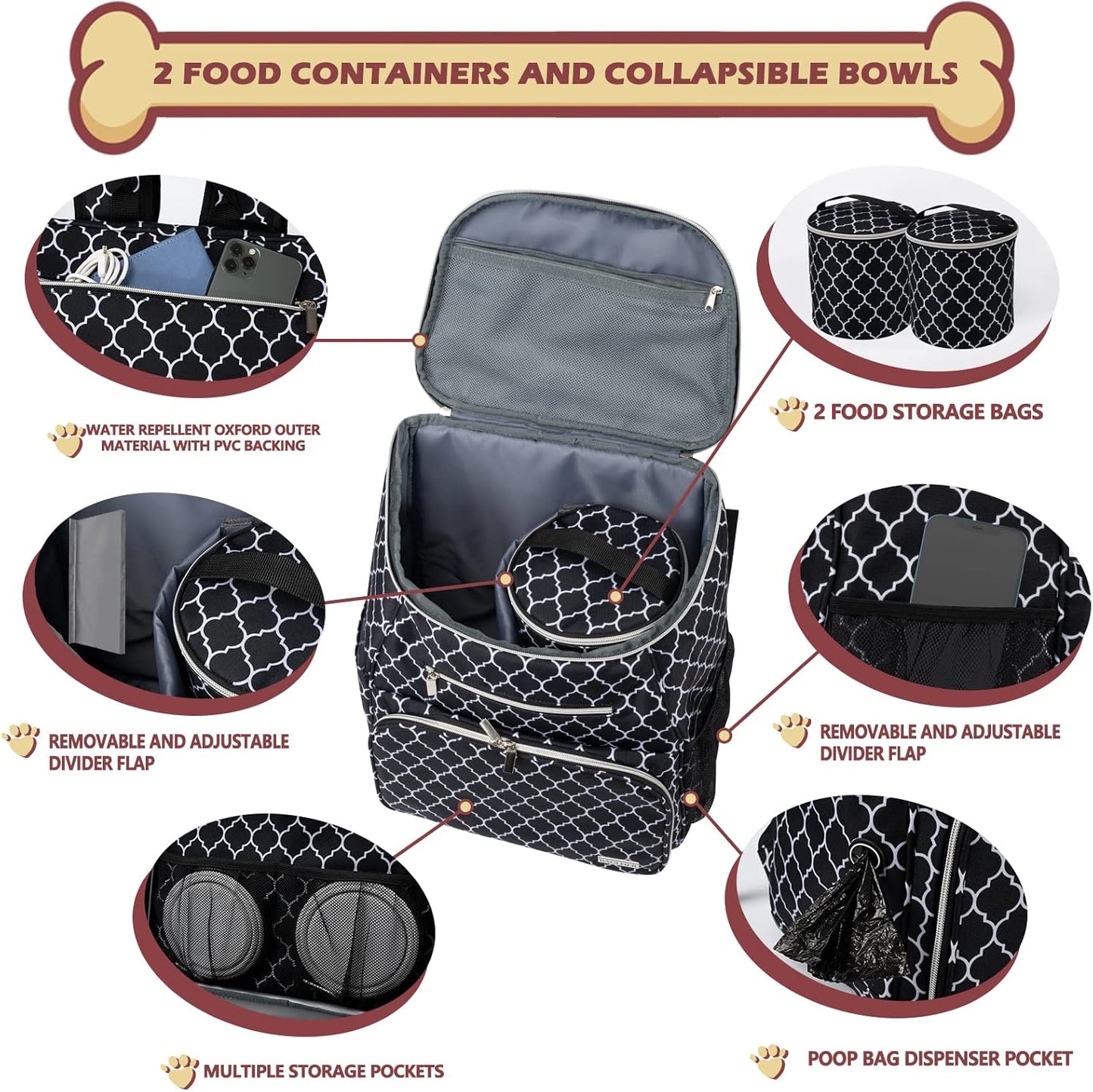 BAGLHER Dog Travel Bag Backpack, Airline Approved Pet Supplies Backpack, Dog Travel Backpack with 2 Silicone Collapsible Bowls and 2 Food Baskets DLBlack