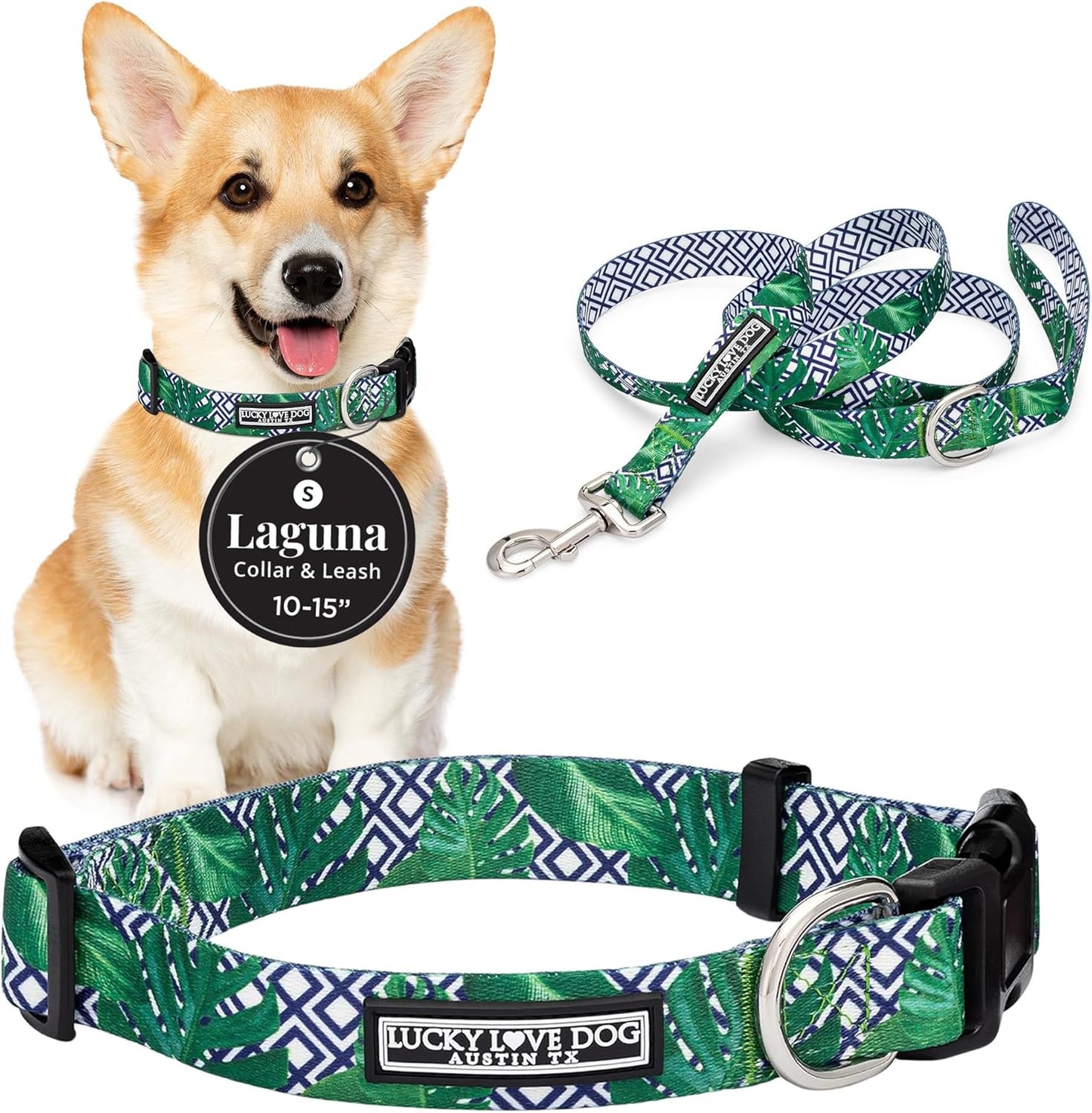 Lucky Love Dog Collar and Leash Set, Beautiful & Vivid Patterns, Easy On & Off Clasp Accessory (Blue Laguna, S Combo)