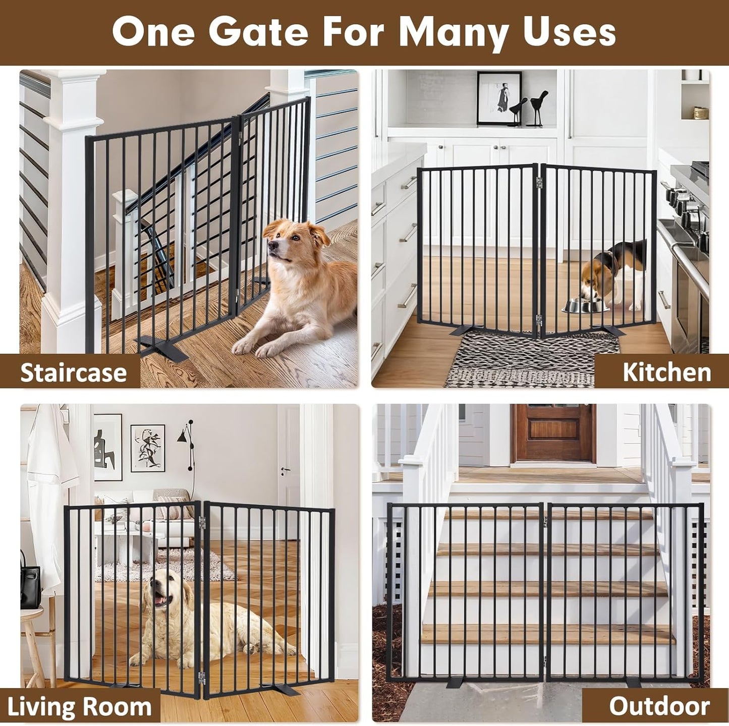 52" Dog Gate Extra Wide, Heavy Duty Metal Freestanding Dog Gate with Door for Indoor & Outdoor, Foldable Pet Fence for Stairs, Doorways,House,Porch,Deck,Yard, Auto Close(2 Panels,Black)