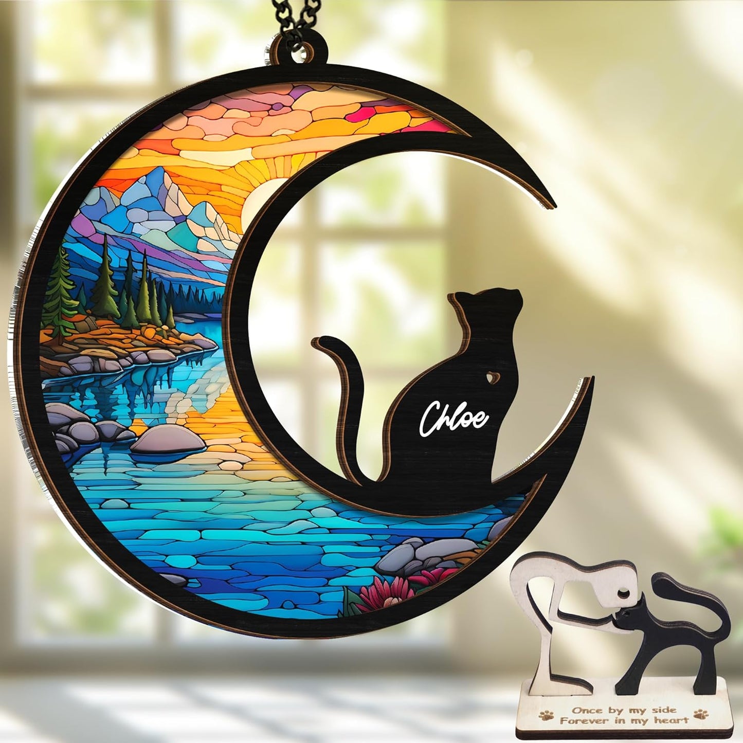 6'' DIY Cat on Moon Memorial Suncatcher, Personalized Name Cat Sympathy Ornament Window Hanging, Ideas Gift for Loss of Pet Passing Away, Remembrance Keepsake for Pet Lovers SCC-B2-6-03