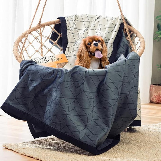Waterproof Dog Blanket for Bed – 45x60 Inch Throw Size – Pet Hair Resistant Blanket for Small to Large Dogs – Washable, Leakproof, Reversible Bedspread for Bed Protection – Blue/White