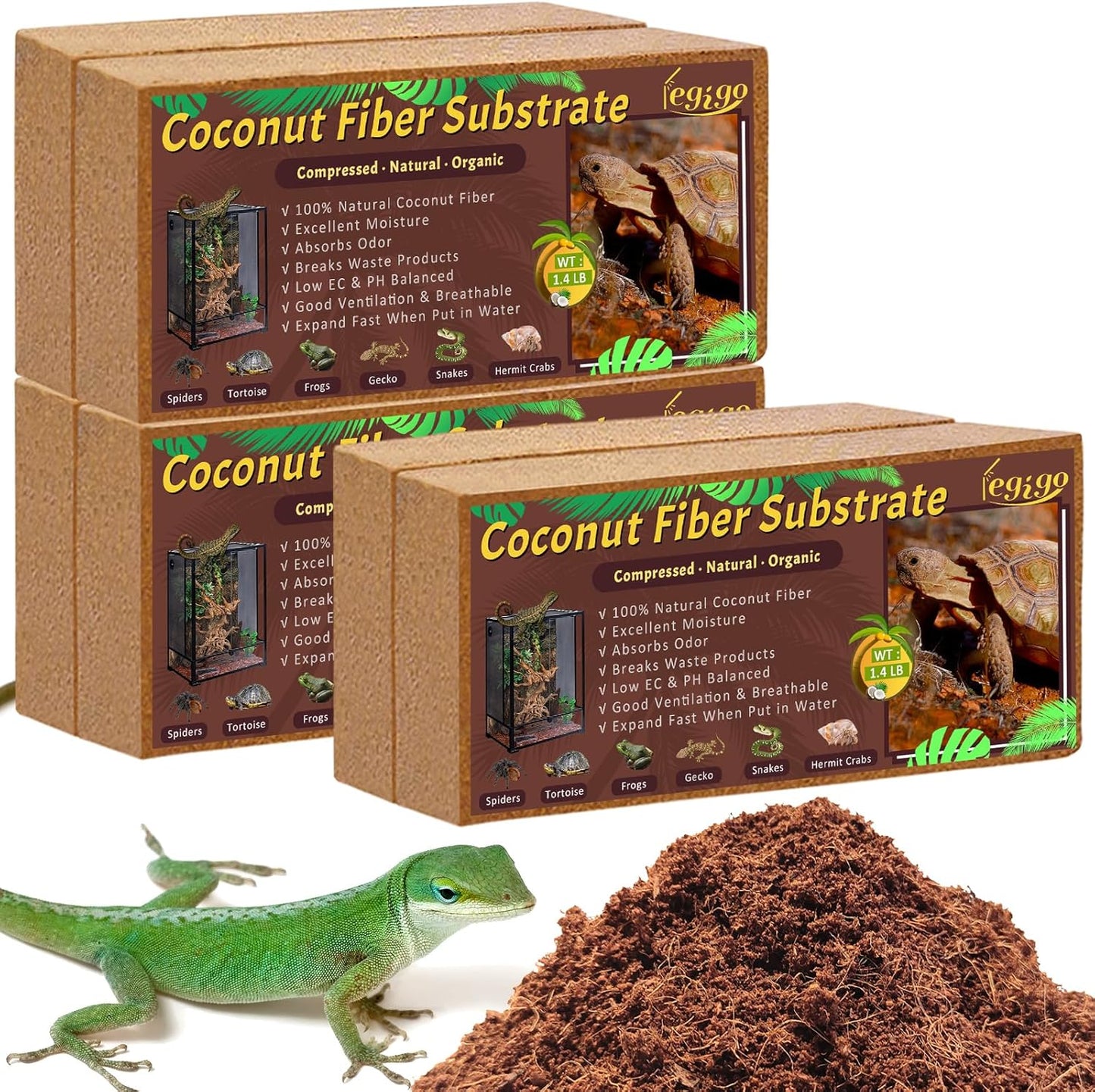 Legigo 6 Pack Compressed Coconut Fiber Substrate - 100% Organic Coconut Fiber Brick Bedding for Reptiles, Natural Coco Husk Substrate Terrarium Bedding for Snake, Hermit Crabs, Frogs, Tortoise, Gecko