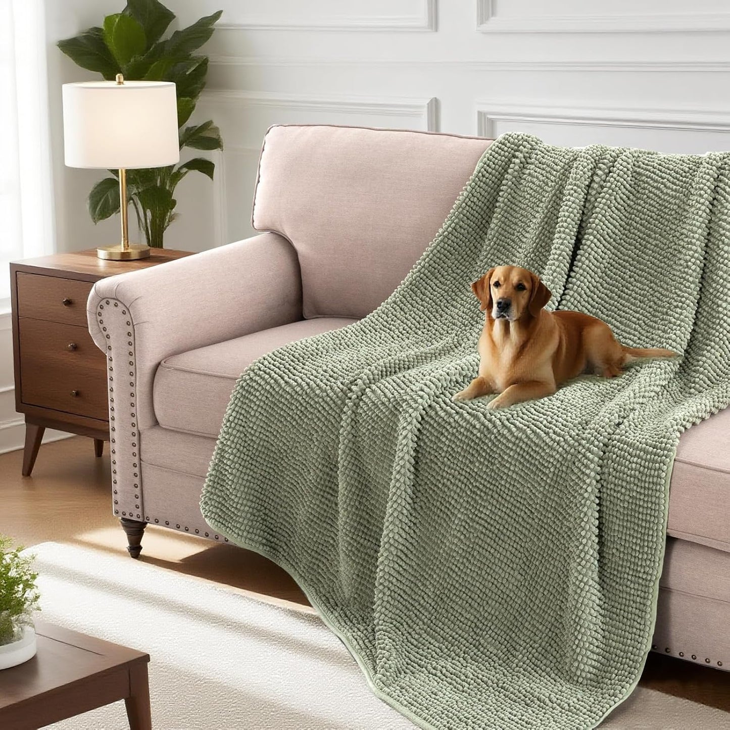 H.VERSAILTEX Plush Chenille Couch Cover for Dogs Pets Blanket for Bed Anti-Slip Soft and Durable Furniture Protector for Small Medium Large Cats Washable (52" x 82", Sage)