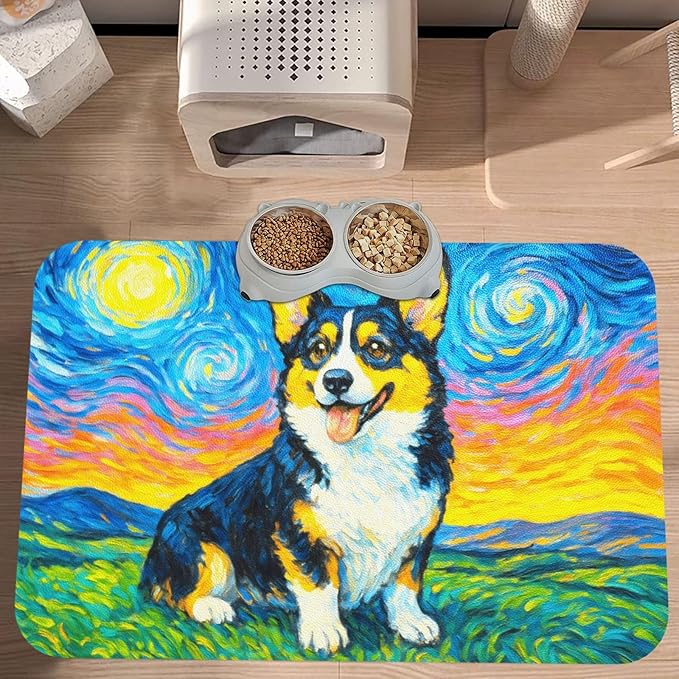 Starry Night Tri Color Dog Dog Food Mat Absorbent Bowl Mats No Stains Quick Dry Waterproof Pet Cat Placemats for Food and Water, 30x45cm