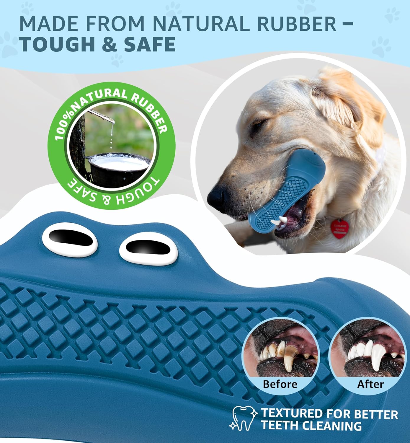 Durable Dog Chew Toy for Aggressive Chewers, Tough Natural Rubber Squeaky Dog Toy with Irresistible Beef Flavor, Dental Care, Teeth Cleaning & Boredom Relief for Medium & Large Dogs (Blue)
