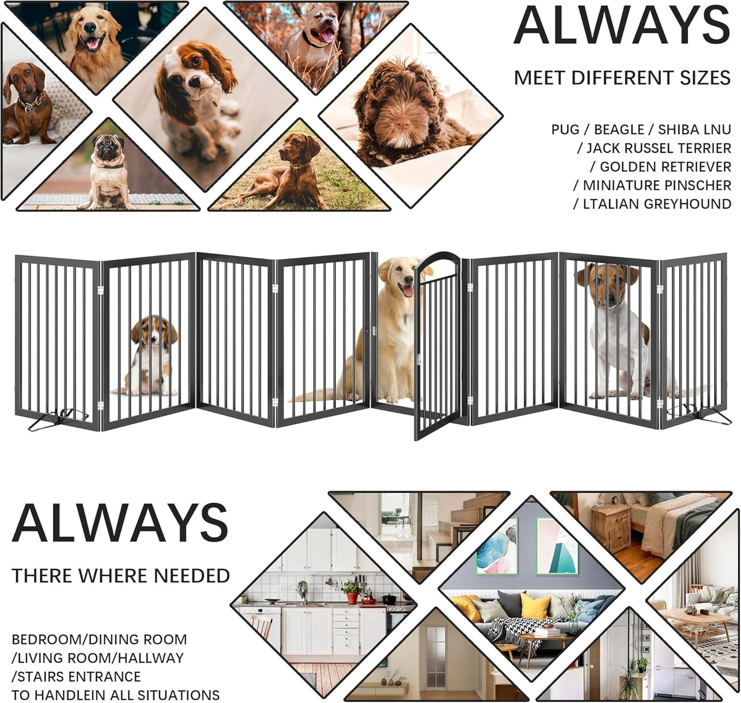 JSB 192-inch Extra Wide 30-inch Tall Dog gate with Door Walk Through,Full Matel Freestanding Round Tube Pet Gate for Halls Stairs, Puppy Safety Dog Fence with 4PCS Support Feet (Black)