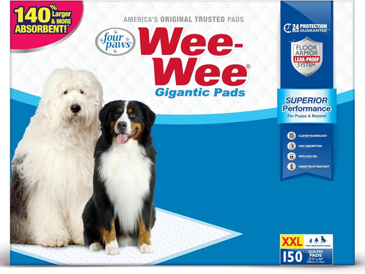 Four Paws Wee-Wee Superior Performance Unscented Large Pee Pads for Dogs & Puppies, Quilted Leak-Proof Dog Housebreaking Potty Training Floor Protection, 27.5" x 44", 150 Count