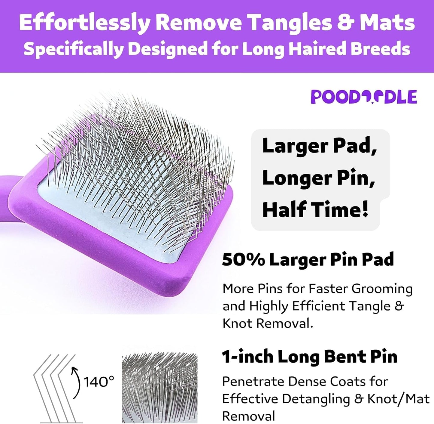 Dog Slicker Brush, Grooming Tool for Poodle, Doodle, Goldendoodle & All Long Haired Dogs, Long Pin Wood Brush Pefect for Dematting & Detangling, Effortless Grooming Pet Hair At Home - Large