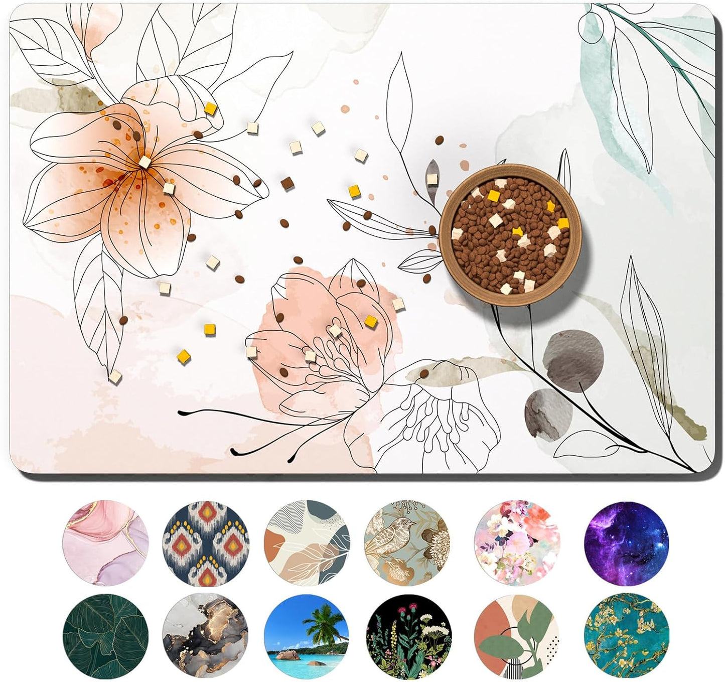 Dog Food Mat, 12" x 19" Absorbent Dog Cat Bowl Mat for Food and Water, Cute Anti-Slip Rubber Pet Feeding Rug Protect Floors, Placemat for Feeding & Watering Supplies, Watercolor Flowers