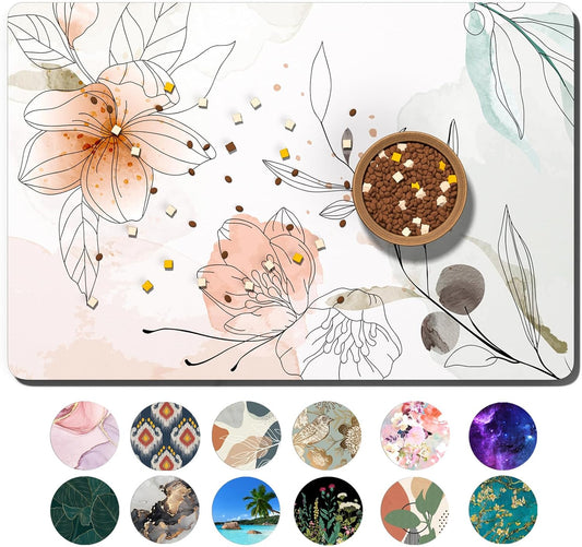 Dog Food Mat, 12" x 19" Absorbent Dog Cat Bowl Mat for Food and Water, Cute Anti-Slip Rubber Pet Feeding Rug Protect Floors, Placemat for Feeding & Watering Supplies, Watercolor Flowers