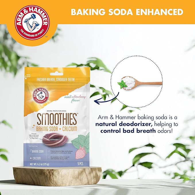 Arm & Hammer for Pets Smoothies Dental Treats for Dogs with Baking Soda and Calcium, Help Fight Bad Breath, Plaque & Tartar Without Brushing, Mint Strawberry, Ring Shaped, 5 Pcs (Packaging May Vary)