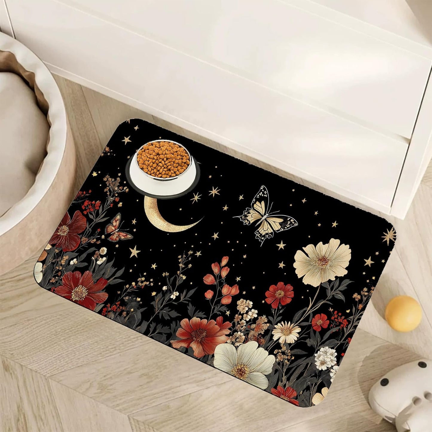 Moon Butterfly Pet Feeding Mat,Vintage Garden Luxury Absorbent Quick-Dry Cat Dog Food and Water Bowl Mats,Non-Slip Rubber Backing Mat,Cat Dog Accessories Supplies 16"x24"