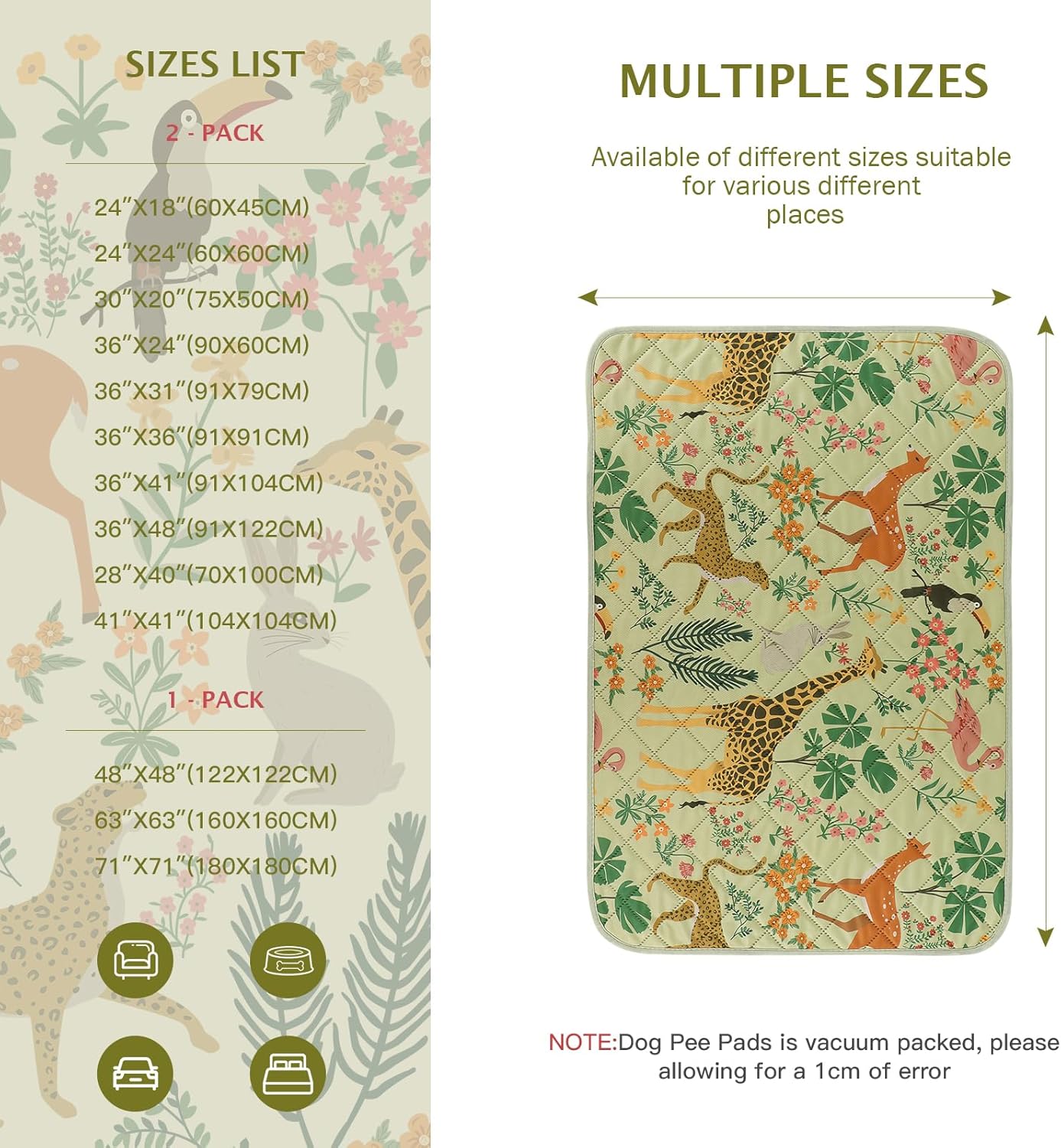 IEUUMLER Washable Pee Pads for Dogs, 2 Pack Forest Pattern Reusable Waterproof Puppy Pads, Non-Slip Super Absorbent Dog Training Pad for Playpen Crate Bed EU013 Green Jungle, 36x24