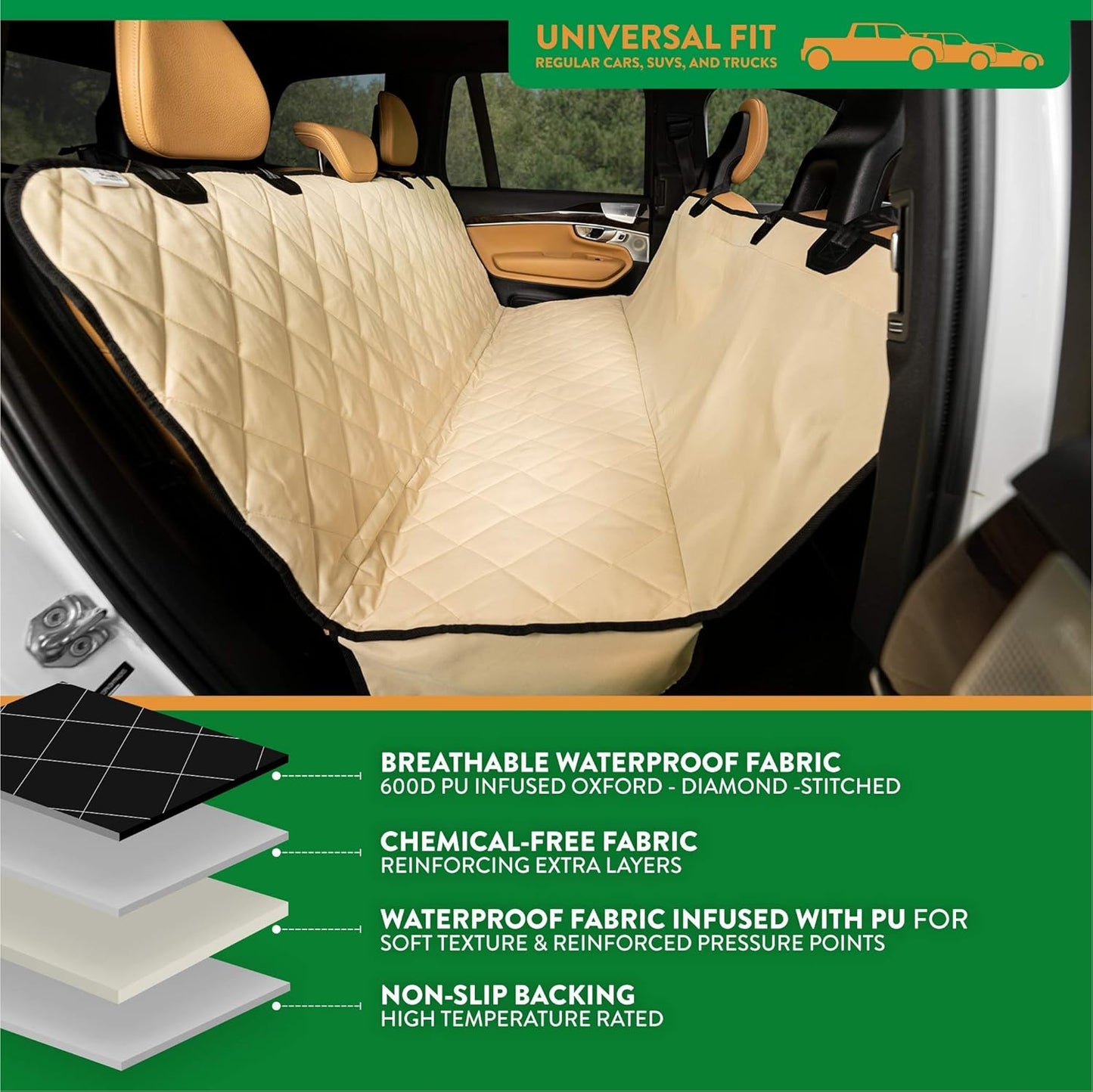 Plush Paws Products Premium Rear Car Seat Protector w/Hammock | Washable & Waterproof Back Seat Dog Cover for Car, Truck, & SUV | Nonslip, Tear Resistant Pet Seat Cover | Regular Tan