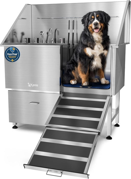 KANIS Professional Dog Washing Station - 304 Stainless Steel Pet Wash Sink & Grooming Bath Tub for Home with Ramp, Shower, Floor Grate, Storage Drawer, Faucet, Drain Kit for Large, Medium & Small Pets