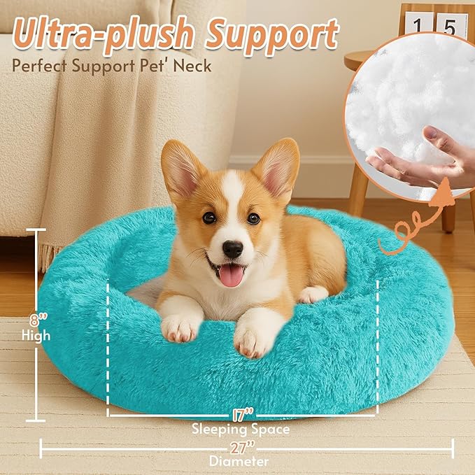JOLLYVOGUE Calming Dog & Cat Bed for Small Dogs, Anti-Anxiety Donut Cuddler Cozy Soft Round Bed with Anti-Slip Bottom, Fluffy Faux Fur Plush Cushion Beds for Small Medium Dogs (27")