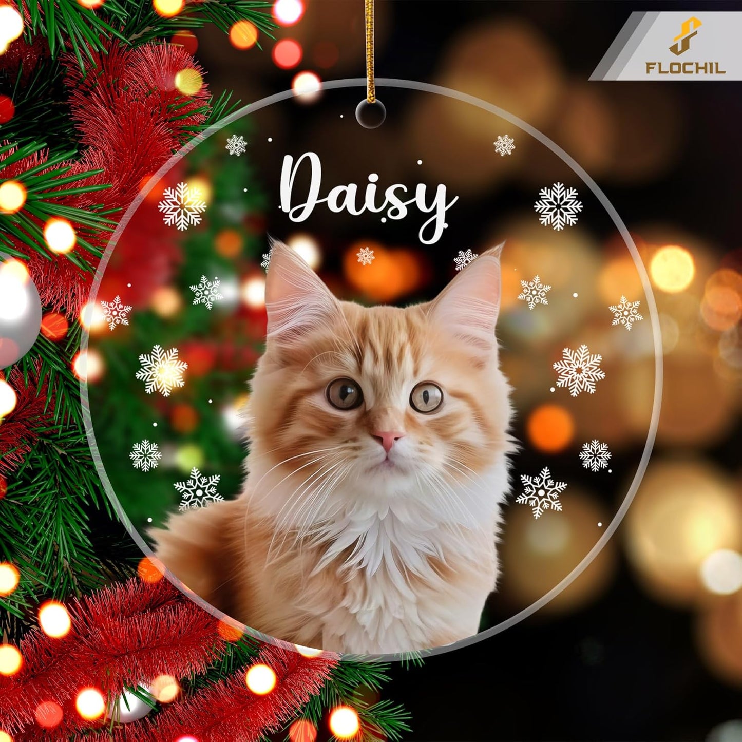 FLOCHIL Personalized Cat Christmas Ornaments Custom Photo Name for Christmas Trees, Cat First Christmas Ornaments, Gifts for Pet Lovers Acrylic Ornament