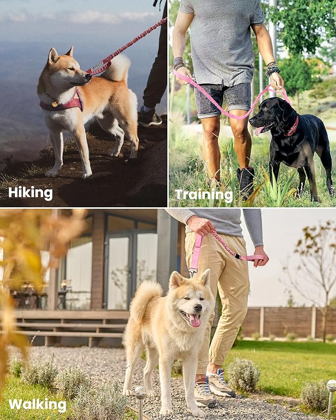 OutdoorMaster Bungee Dog Leash, Heavy Duty Dog Leash with Shock Absorption, 2 Padded Handles Training Leash, Improved Dog Safety and Comfort - Pink Upgraded, 6 FT