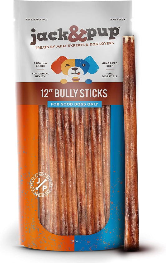 Jack&Pup 12" Bully Sticks Dog Chews | Odor Free Bully Sticks | Single Ingredient, All Natural Pizzle Sticks for Dogs (8oz, 5/6 Sticks)