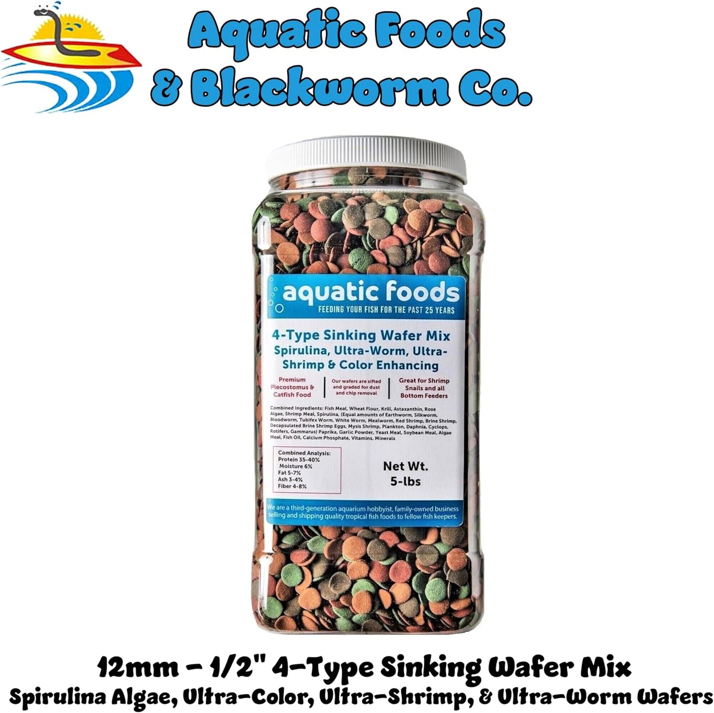 Aquatic Foods Inc. 4-Type 12mm - 1/2" Sinking Wafer Mix of Spirulina-Algae, Ultra-Worm, Ultra-Shrimp, Color Enhancing Wafers for Shrimp, Snails, Crabs, Crayfish, All Tropical Fish..5-lb Lg Jar