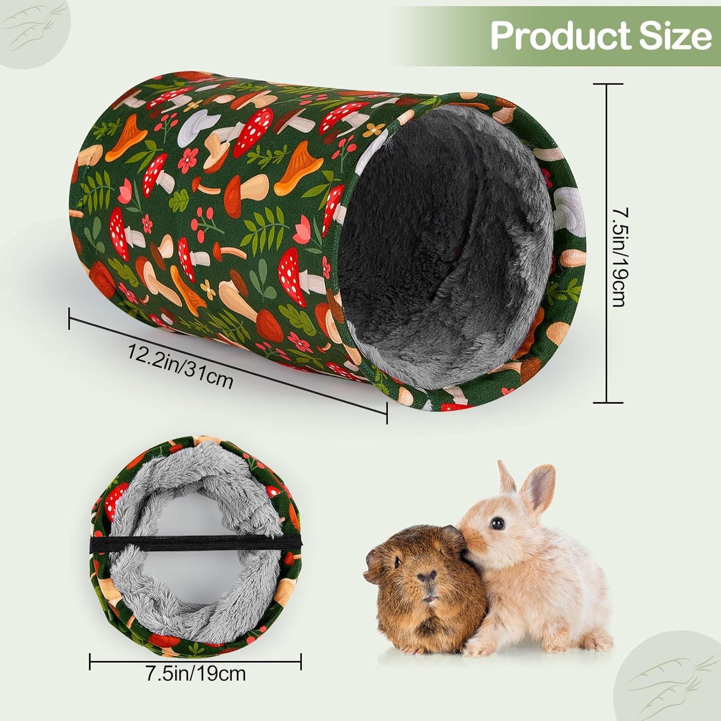 Glittme Guinea Pig Tunnel Washable Guinea Pigs Hideout Portable Rabbit Tunnels Soft Ferret Tunnel for Playing Resting Guinea Pig Accessories for Hedgehogs, Hamster, Mushrooms