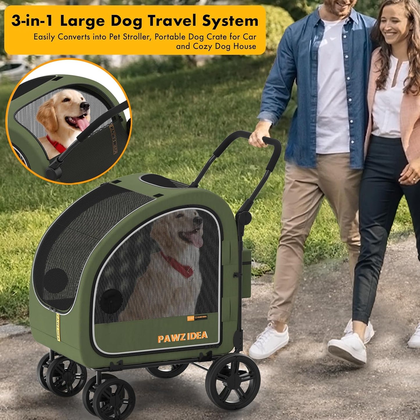 PAWZIDEA Large Dog Stroller with Detachable Carrier, Portable Dog Crate for Car Travel, Multiple Pet Strollers for Medium Dogs up to 80lbs, Adjustable Handle, All-Terrain 9” Wheels, Storage Organizer