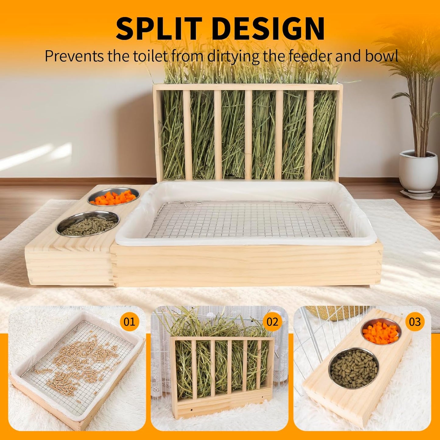 3 in 1 Rabbit Hay Feeder with Litter Box,Upgraded Wooden Hay Feeder Set for Guinea Pig Chinchilla Bunny Other Small Animals,Quick Cleaning & Large Capacity & Preventing Waste