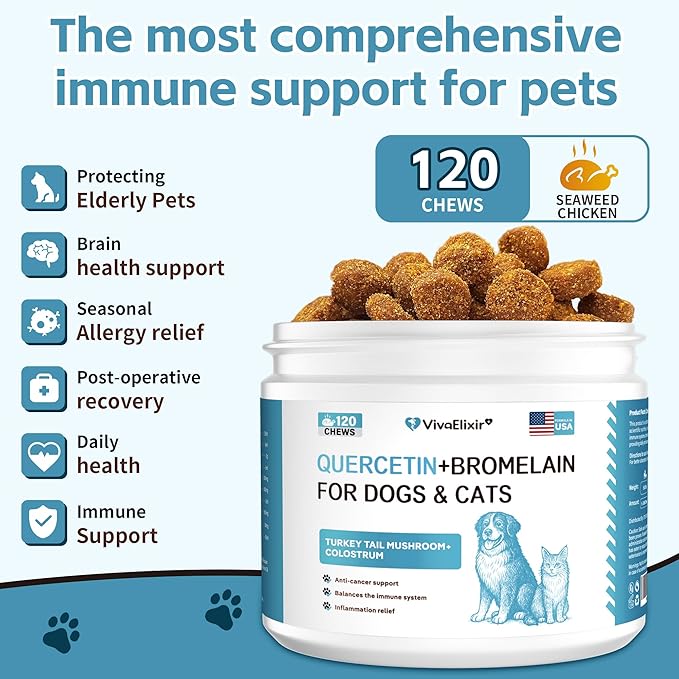 Dog Allergy & Itch Relief Chews – Quercetin, Bromelain, Colostrum & Mushroom Extracts – Skin & Ear Soothing Support for Yeast Infection, Hot Spots & Seasonal Allergies - 120 Treats