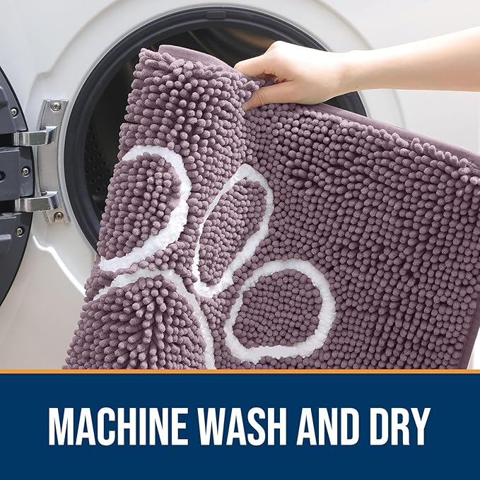 OLANLY Door Mat for Muddy Dog Paws 30x20, Absorbent Chenille Mud Doormat with Paw Print Design, Non-Slip Washable Doormat for Indoor Entryway, Quick-Dry Pet Bed Mats for Dirty Dogs, Deep Plum