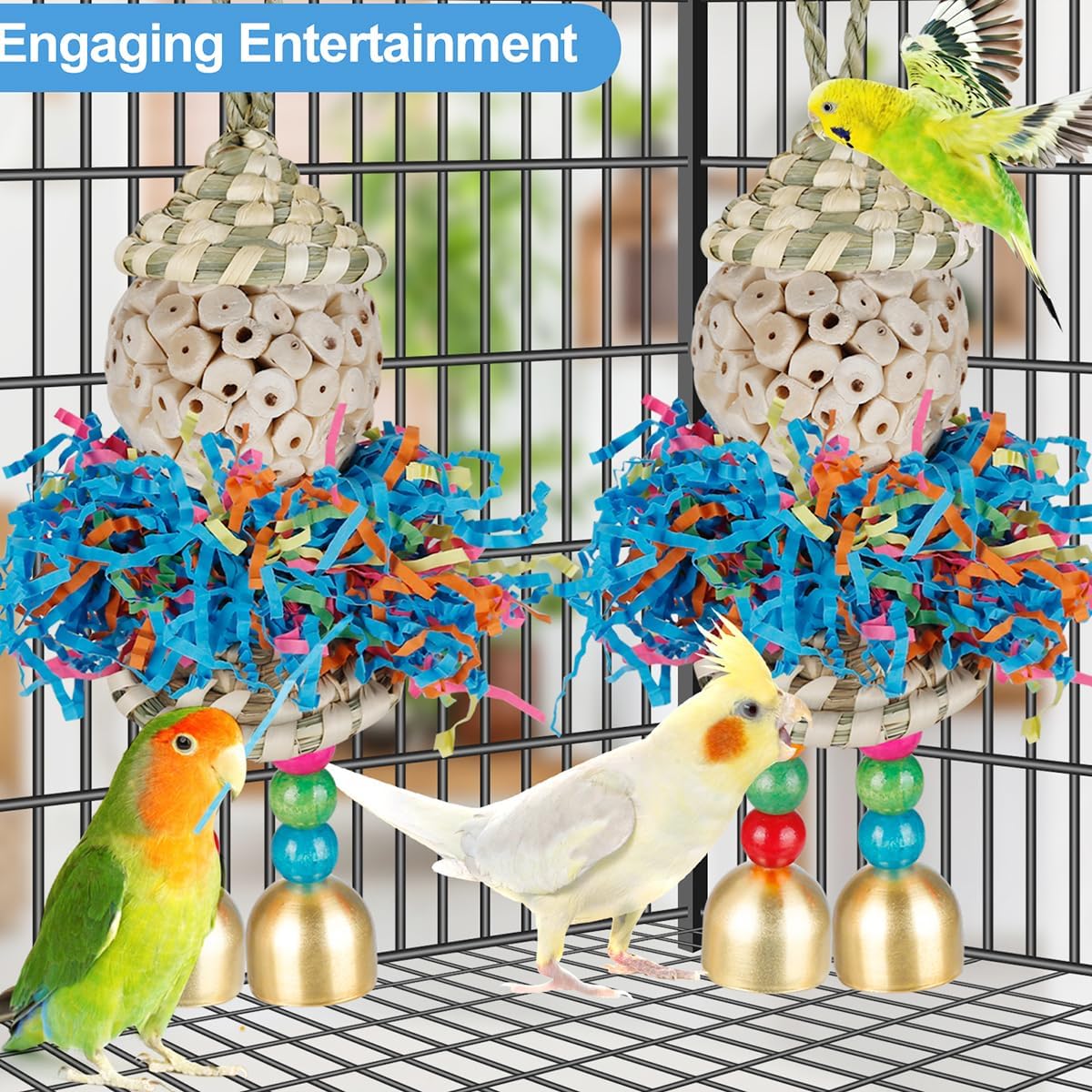 Conure Toys,2PCS Bird Toy Parrot Foraging Shredder Hanging Toys Sola Balls with Bell for Small Parrots Parakeets Cockatiel Conures Love Birds Budgie Cage Toy