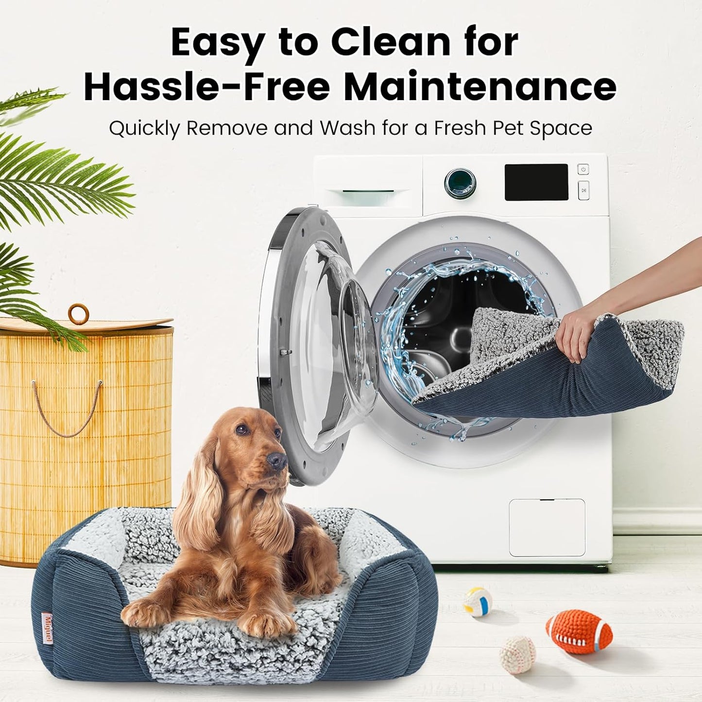 Miguel Washable Cat Beds for Indoor Cats with Removable Cushion, Easy to Wash Small Pet Sofa Bed with Side, Rectangle Bolster Kitten Bed Calming Cuddle Puppy Bed with Anti-Slip Bottom, Blue 18 Inch