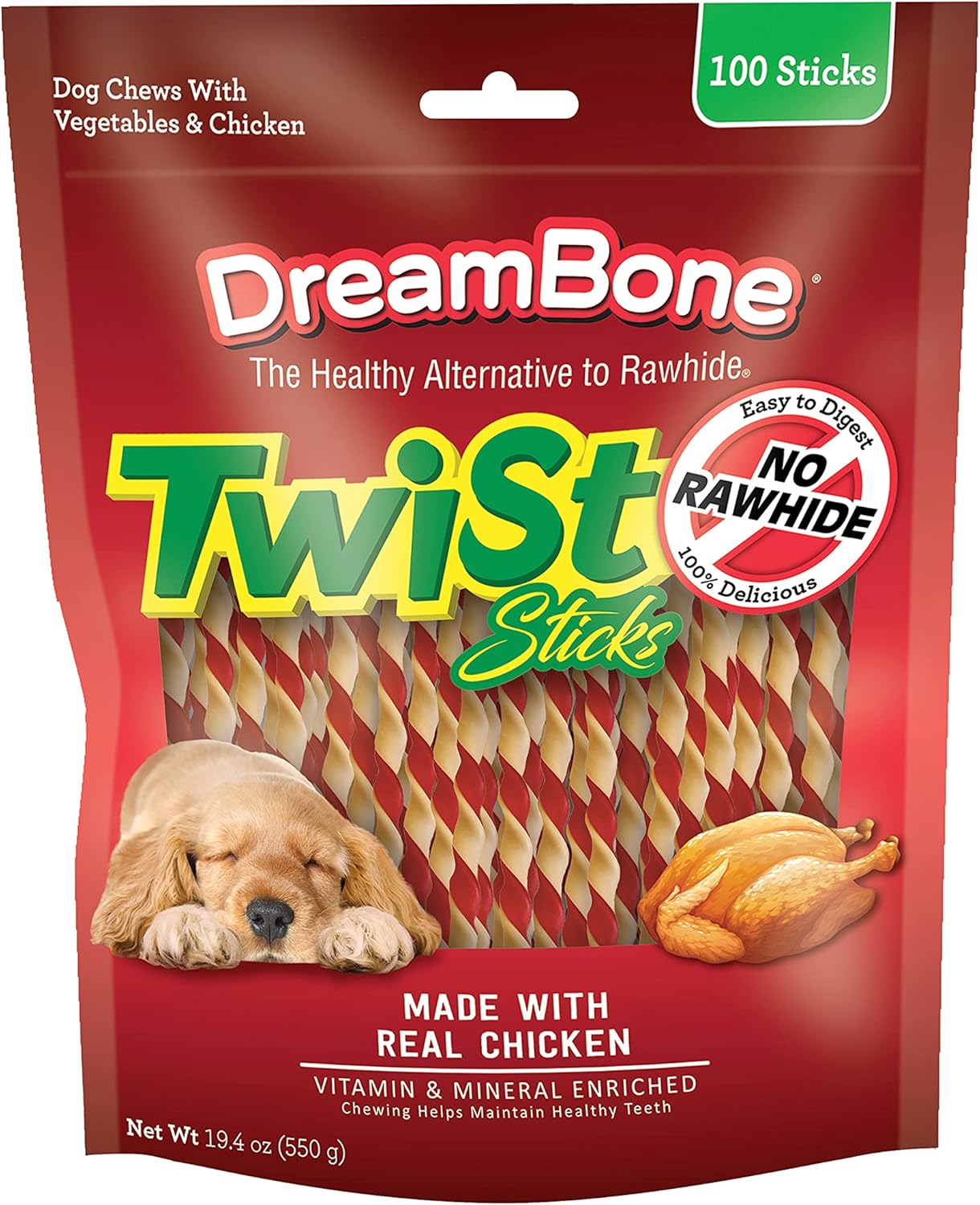 Dreambone Twist Sticks Rawhide Free Dog Chews, Made with Real Chicken, 100 Count (Pack of 1)