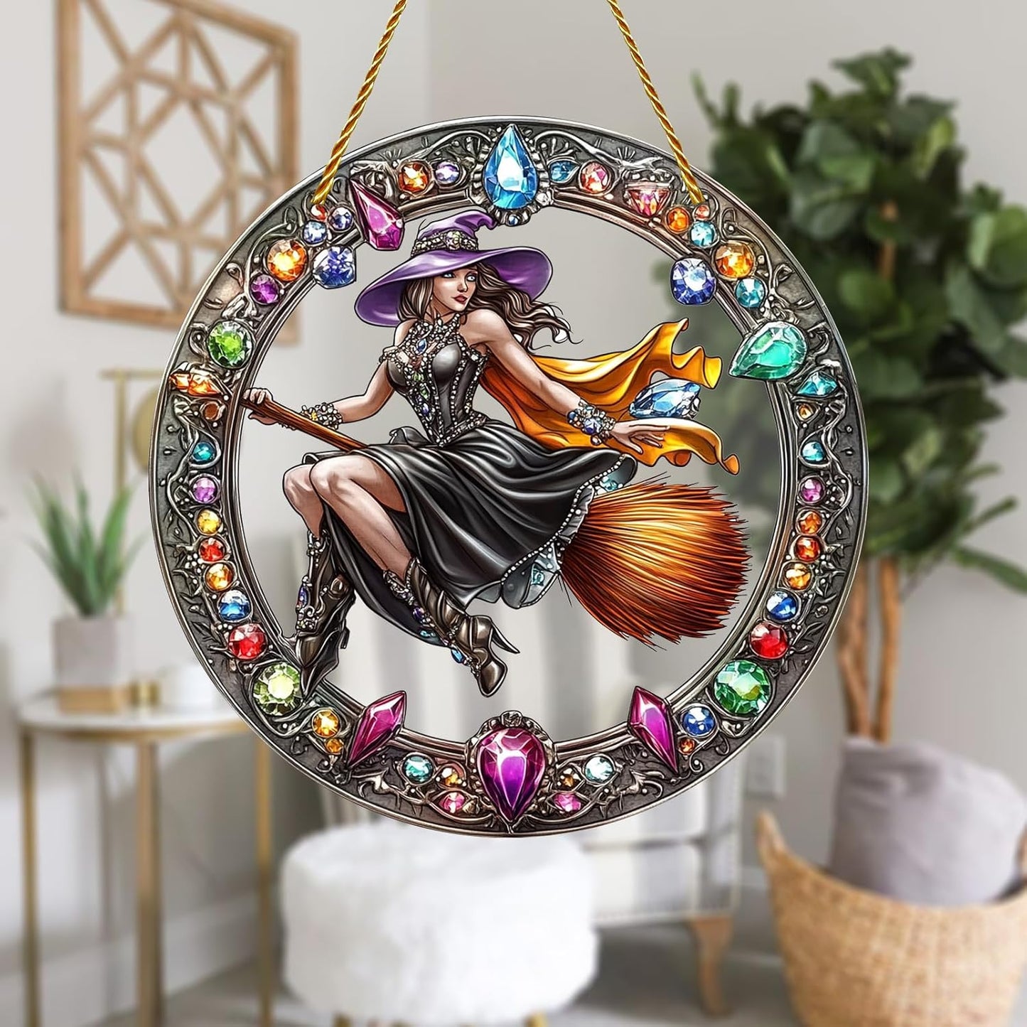 8x8 inch Charming The Witch Rides A Broom Acrylic Stained Glass Window Hanging Sun Catcher Decor Stained Panel Hangings Wall Art Decor, for Friends and Family (Witch Broom)
