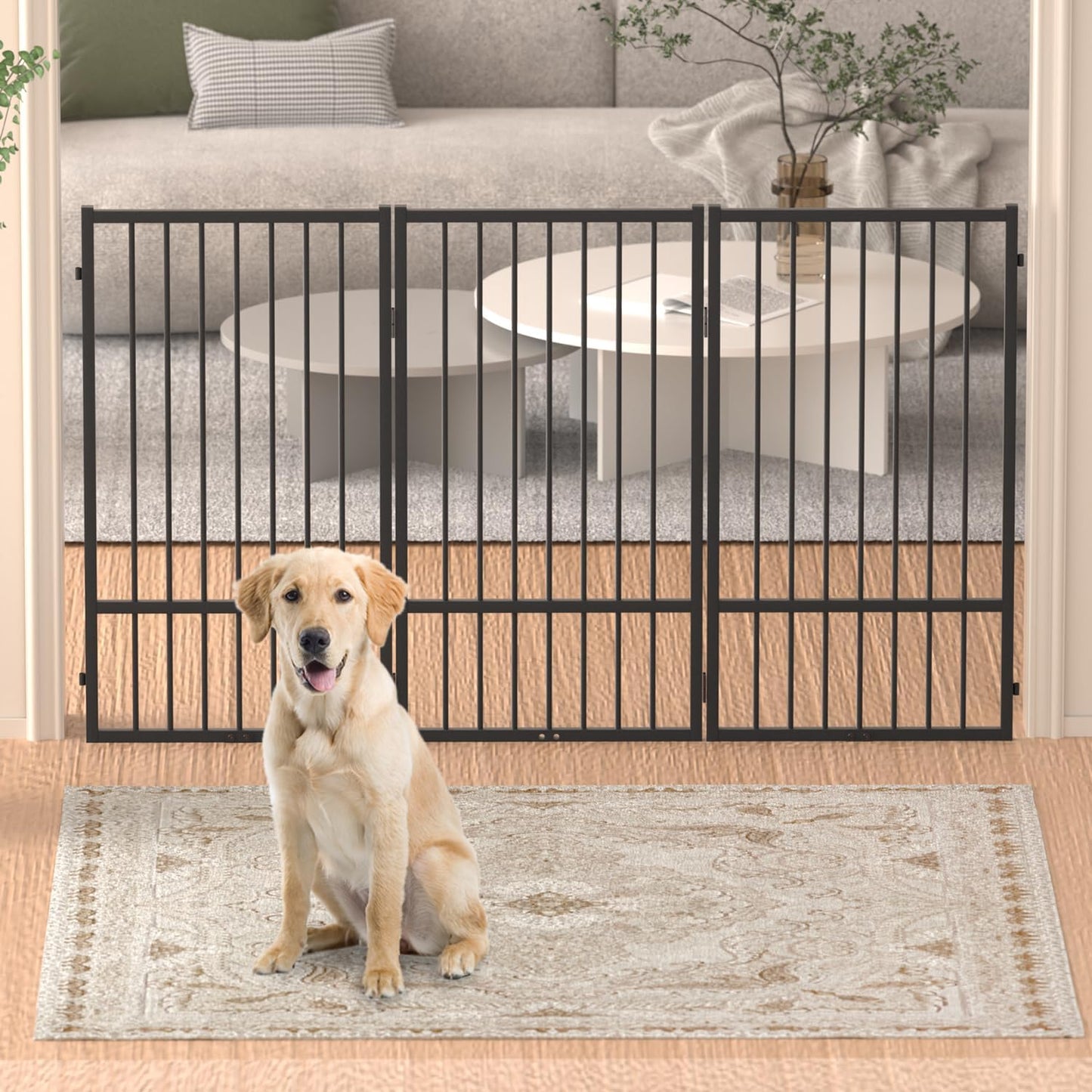 Full Metal Freestanding Dog Gate with Door, 36''Height Foldable Pet Dog Fence for Indoor & Outdoor, 3 Panels Extra Wide Free Standing TallDog Gates for Doorways,House,Stairs,Porch,Deck,Yard