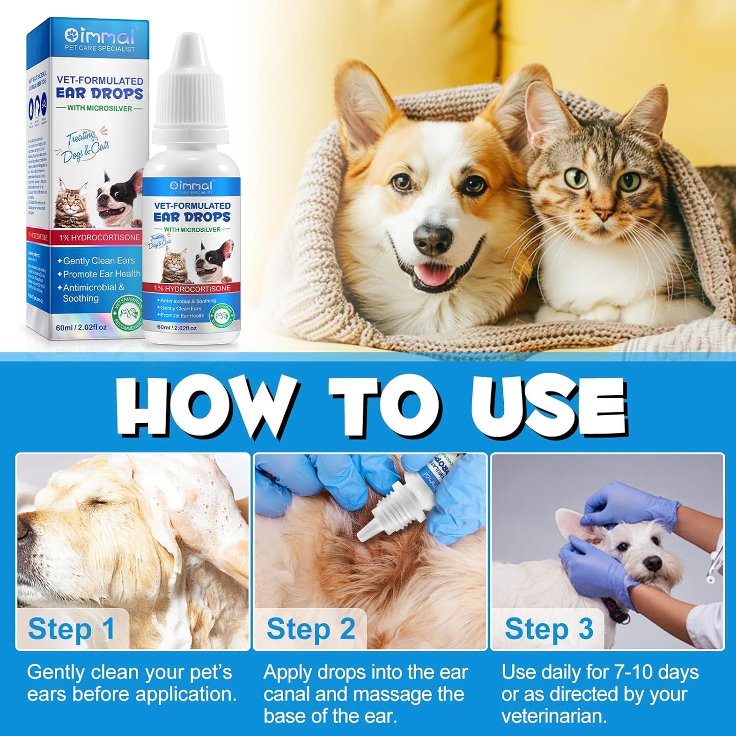 Cat & Dog Ear Infection Treatment Drops, Cat & Dog Ear Cleaner for Itchy Ear Relief, with 1% Hydrocortisone for Dog Ear Infections, Relieve Itchy Ears- 2.02 Fl.Oz