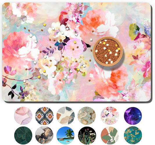 Dog Food Mat, 12" x 19" Flower Absorbent Dog Cat Bowl Mat for Food and Water, Cute Anti-Slip Rubber Pet Feeding Rug Protect Floors, Placemat for Feeding & Watering Supplies, Pink