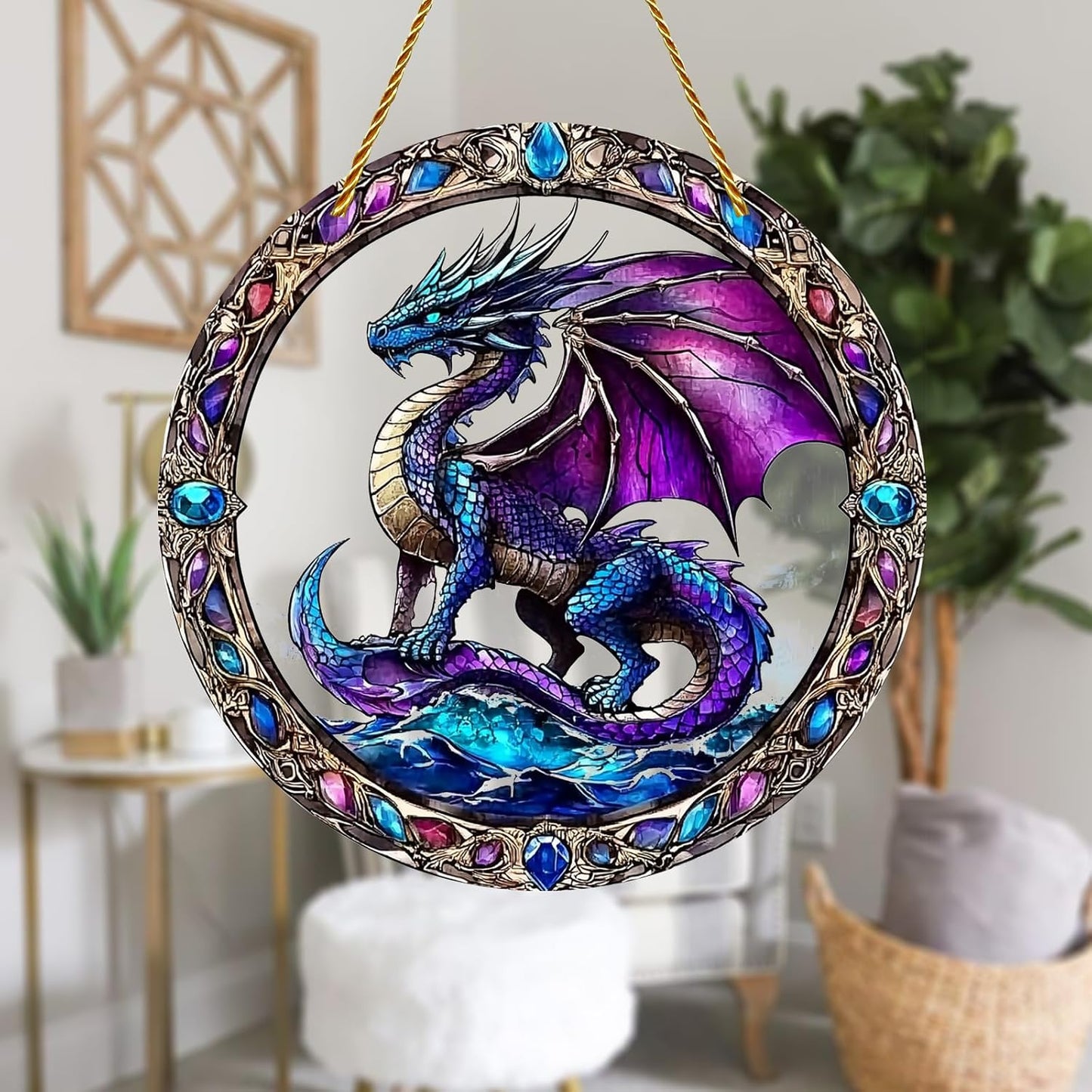 8x8 inch Charming Dragon Acrylic Stained Glass Window Hanging Sun Catcher Decor Stained Panel Hangings Wall Art Decor, for Friends and Family (Dragon)