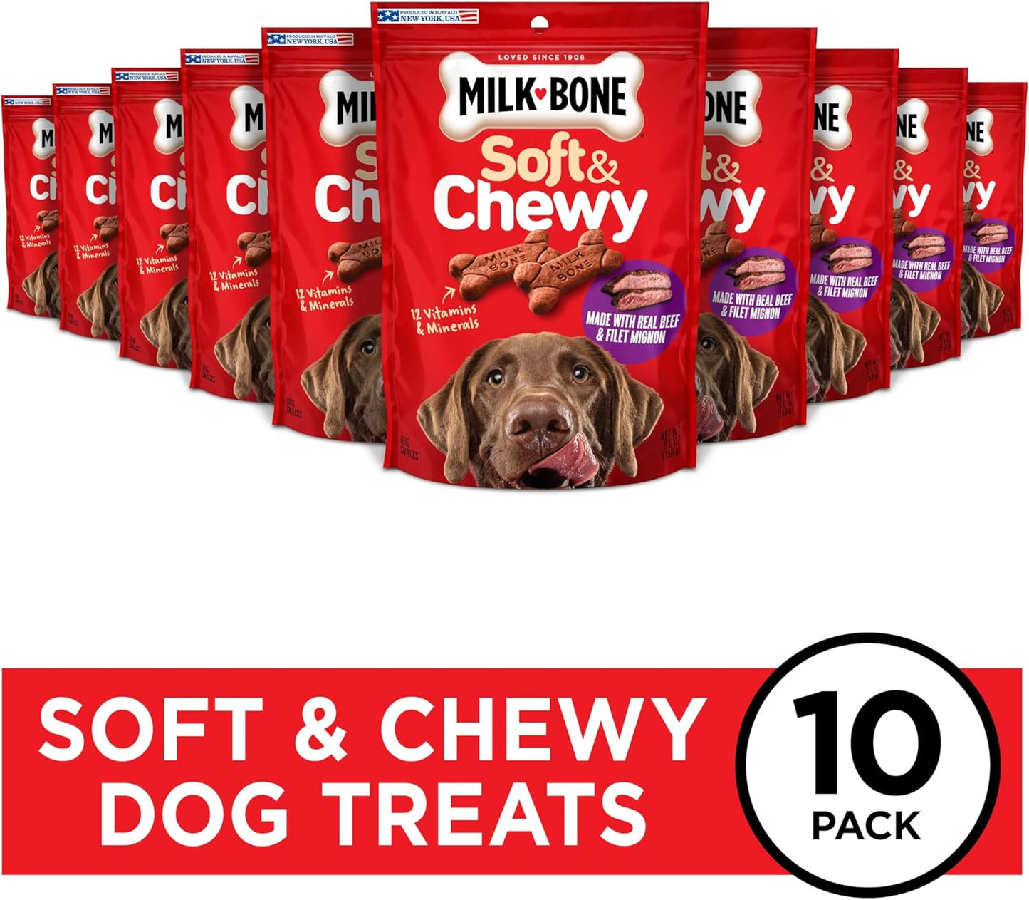 Milk-Bone Soft & Chewy Dog Treats, Beef & Filet Mignon Recipe, 5.6 Ounce (Pack of 10) Made with Real Chuck Roast