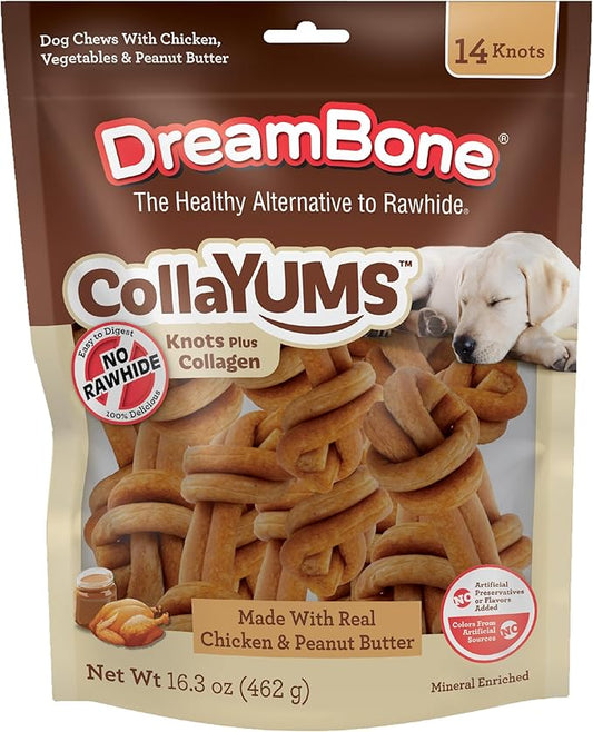 DreamBone CollaYUMS Knots Plus Collagen Chews for Dogs, 14 Count, Treat Your Dog to Rawhide-Free Chews Made with Chicken, Vegetables and Peanut Butter